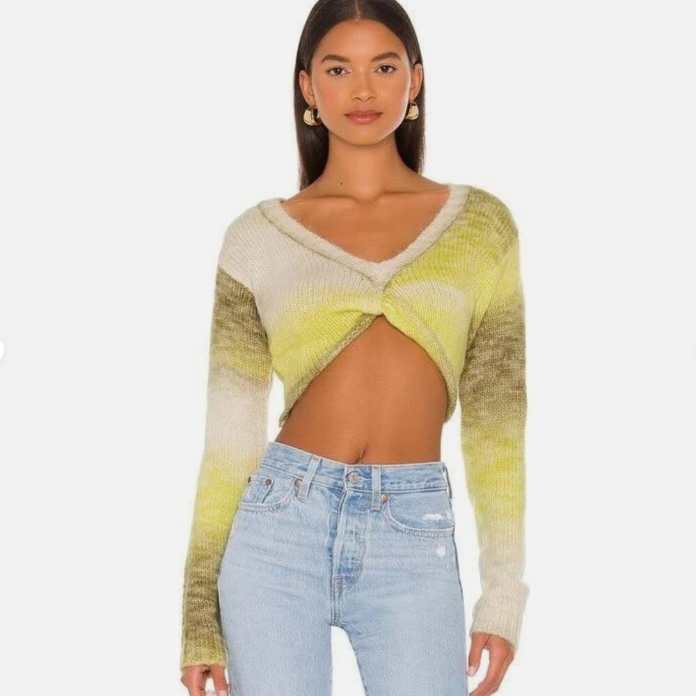 For Love and Lemons Celeste Sweater Crop Yellow Olive Green Wool Blend Twist XS